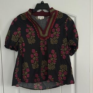 Frame Denim Floral V-Neck Puff Sleeve Top in Black and Burgundy